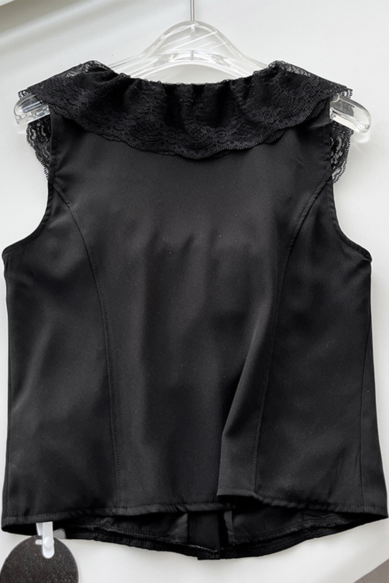 Tops sexys de encaje con cuello en U en color sólido