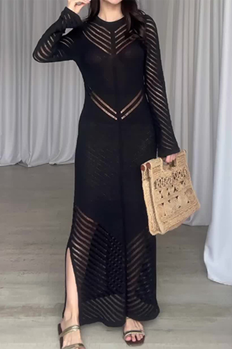 Vestidos casuales de diario con falda cruzada de cuello redondo con orillo de fibra y calado de color sólido