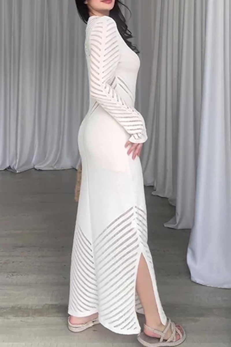 Vestidos casuales de diario con falda cruzada de cuello redondo con orillo de fibra y calado de color sólido