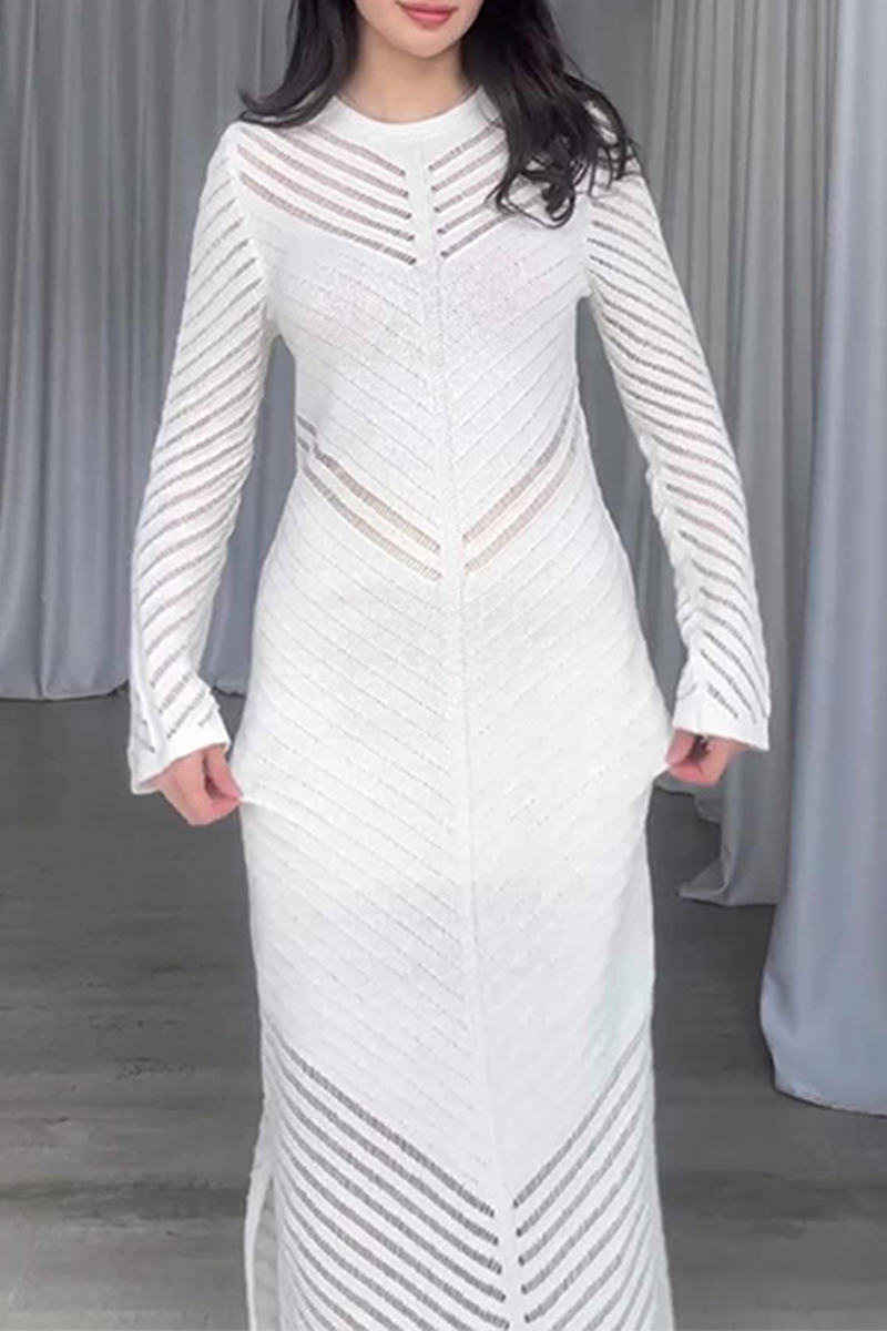 Vestidos casuales de diario con falda cruzada de cuello redondo con orillo de fibra y calado de color sólido