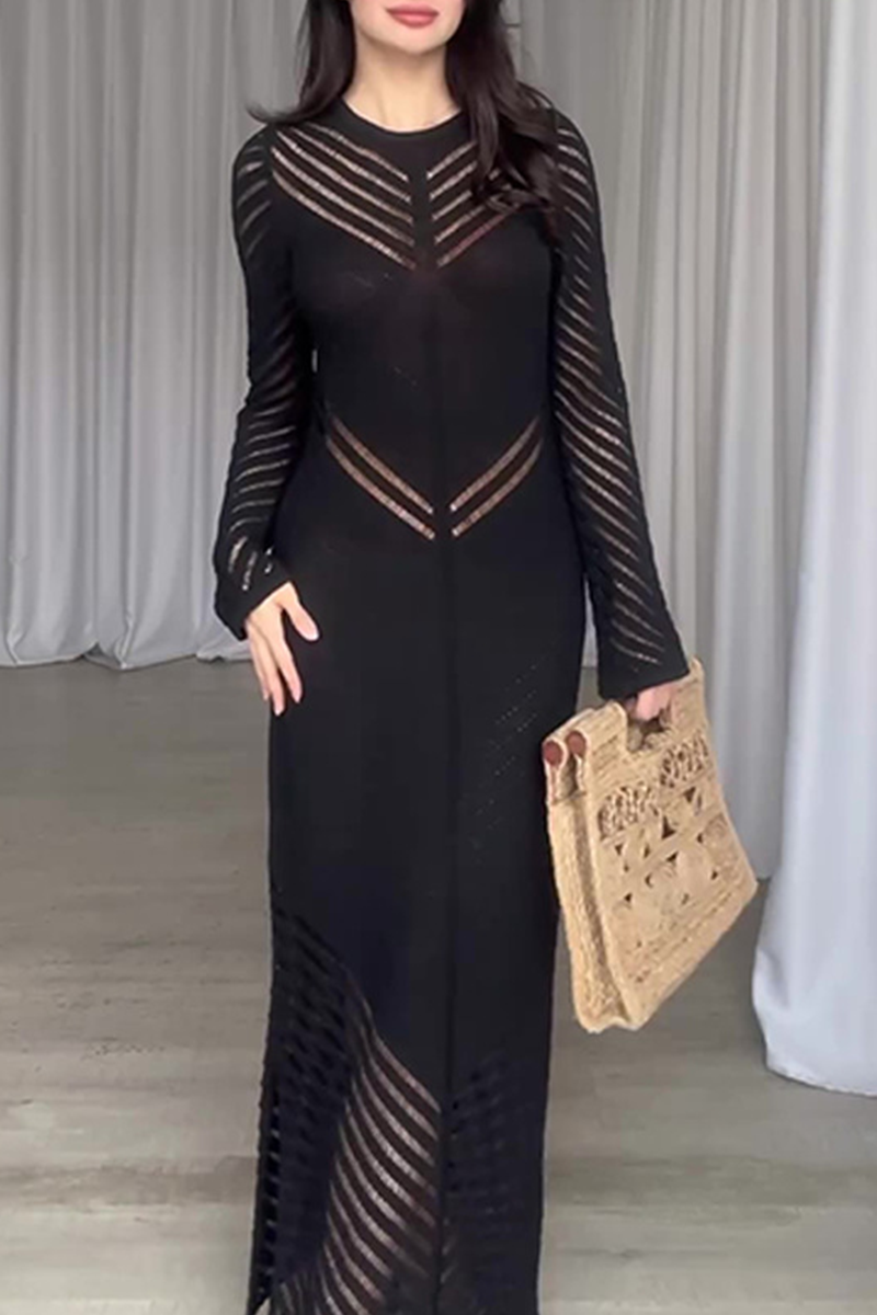Vestidos casuales de diario con falda cruzada de cuello redondo con orillo de fibra y calado de color sólido