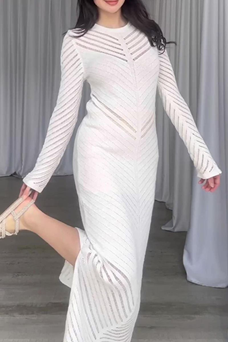 Vestidos casuales de diario con falda cruzada de cuello redondo con orillo de fibra y calado de color sólido