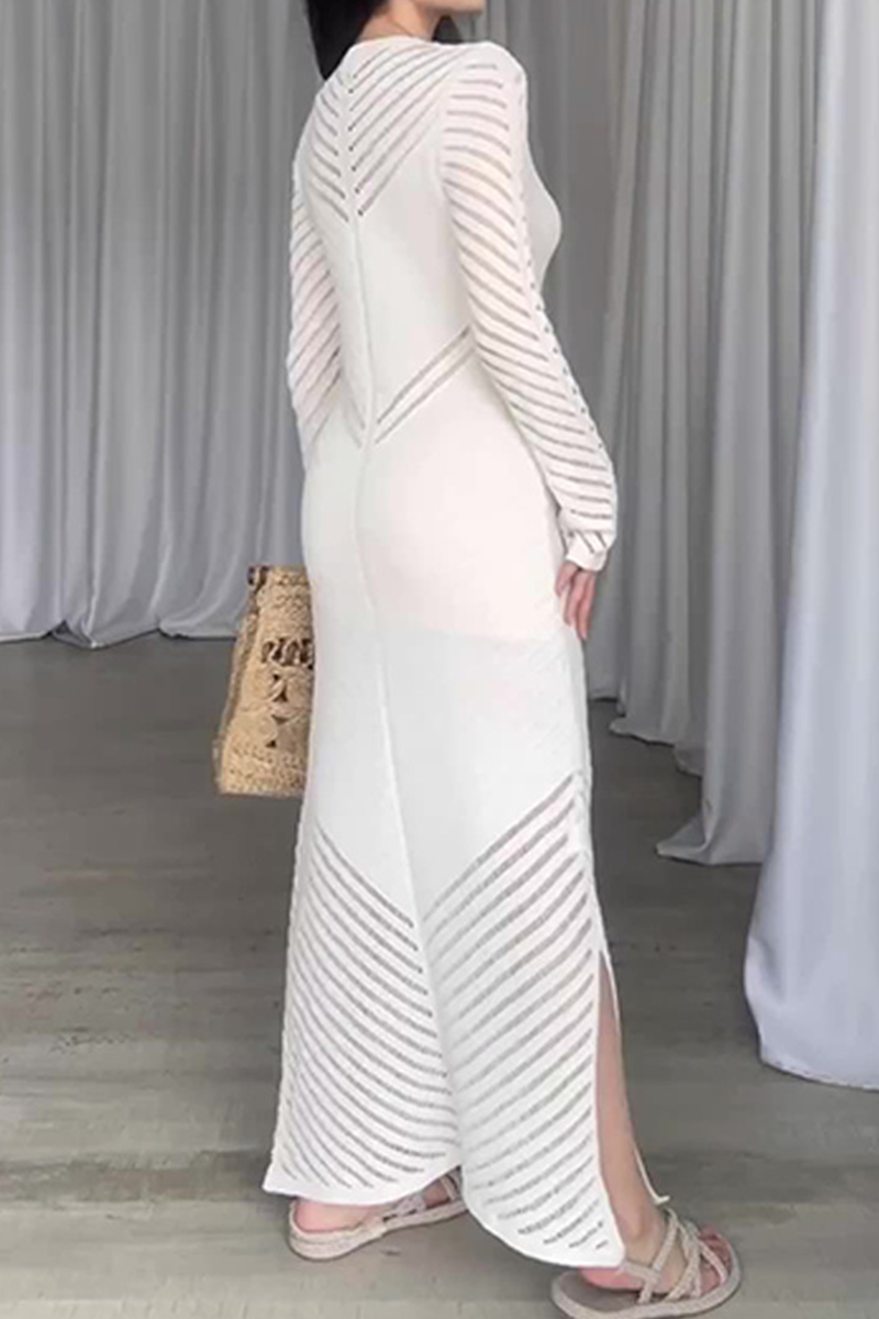 Vestidos casuales de diario con falda cruzada de cuello redondo con orillo de fibra y calado de color sólido