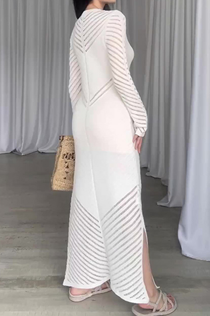 Vestidos casuales de diario con falda cruzada de cuello redondo con orillo de fibra y calado de color sólido