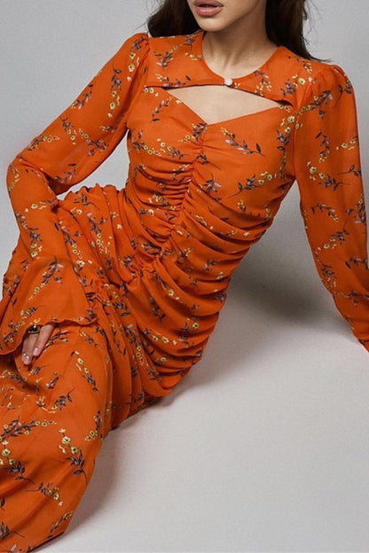Vestidos de falda de un solo paso con cuello redondo fruncido y estampado de flores de celebridades (3 colores)
