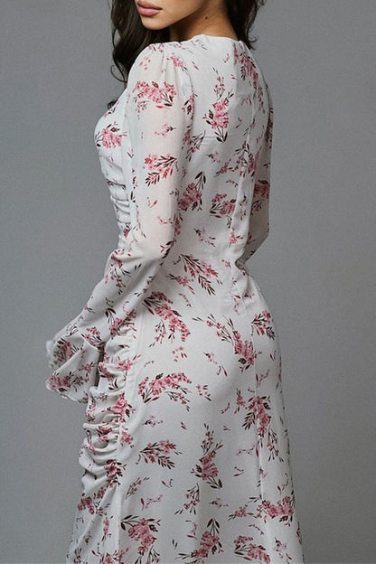 Vestidos de falda de un solo paso con cuello redondo fruncido y estampado de flores de celebridades (3 colores)