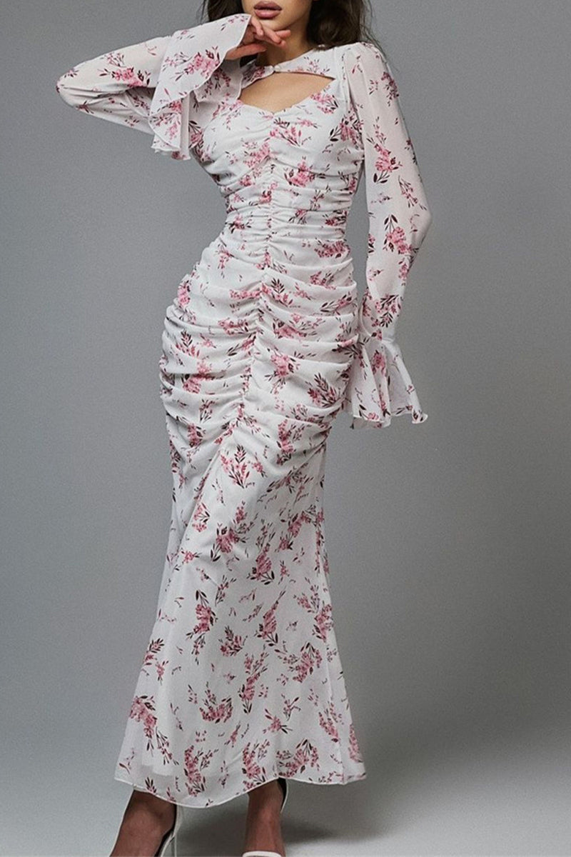 Vestidos de falda de un solo paso con cuello redondo fruncido y estampado de flores de celebridades (3 colores)