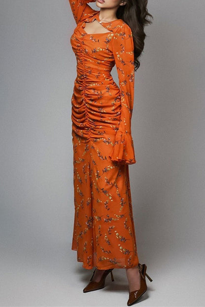 Vestidos de falda de un solo paso con cuello redondo fruncido y estampado de flores de celebridades (3 colores)