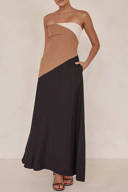 Vestidos sexys sin tirantes con contraste de patchwork y bloques de color