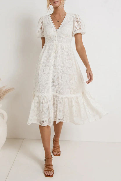 Vestidos casuales de diario con encaje, botones y escote en V, corte A (4 colores)