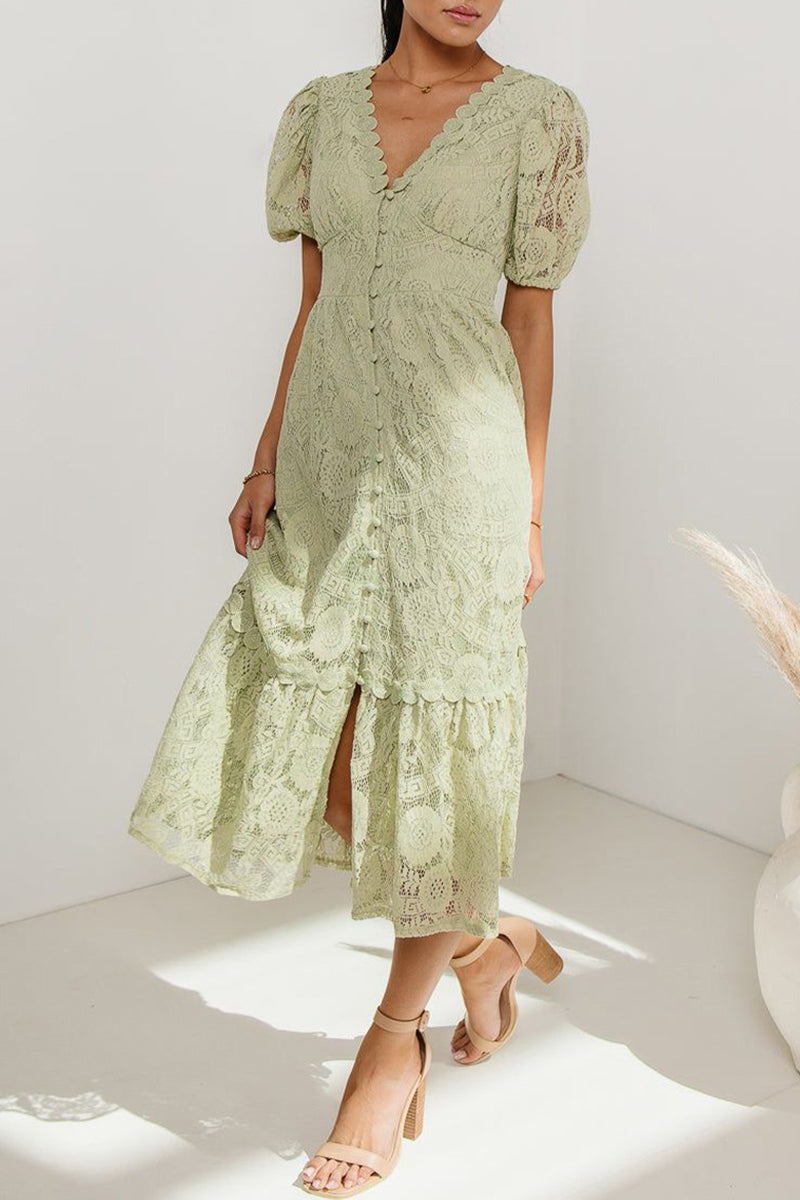 Vestidos casuales de diario con encaje, botones y escote en V, corte A (4 colores)