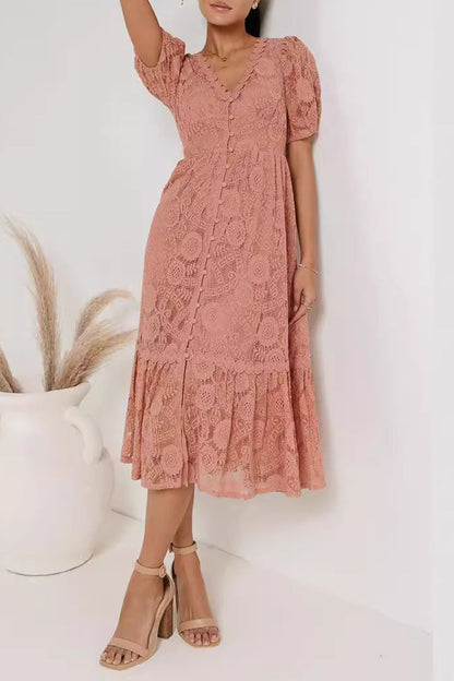 Vestidos casuales de diario con encaje, botones y escote en V, corte A (4 colores)
