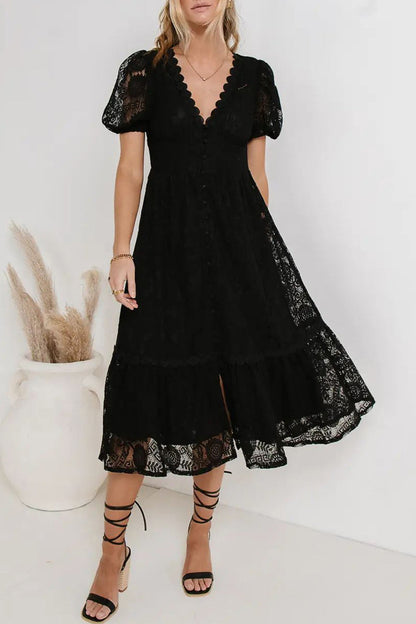 Vestidos casuales de diario con encaje, botones y escote en V, corte A (4 colores)