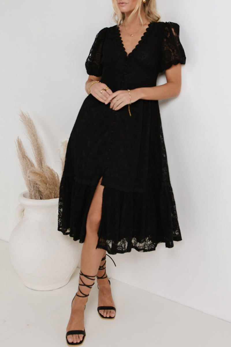 Vestidos casuales de diario con encaje, botones y escote en V, corte A (4 colores)
