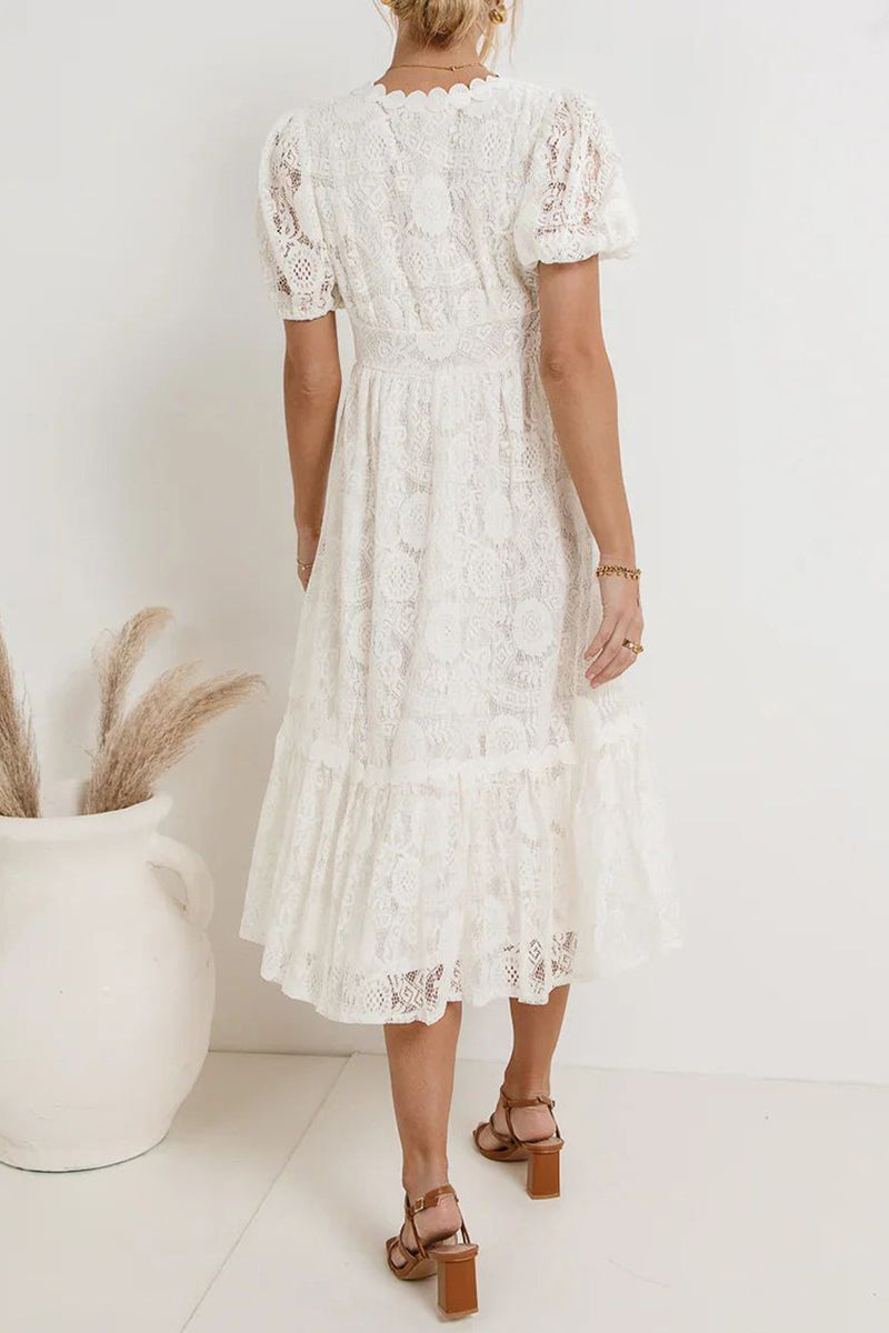 Vestidos casuales de diario con encaje, botones y escote en V, corte A (4 colores)