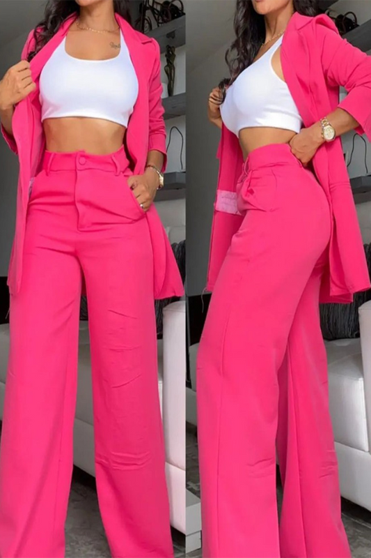Conjunto informal de dos piezas con botones y bolsillos, cuello vuelto, manga larga, color liso (4 colores)