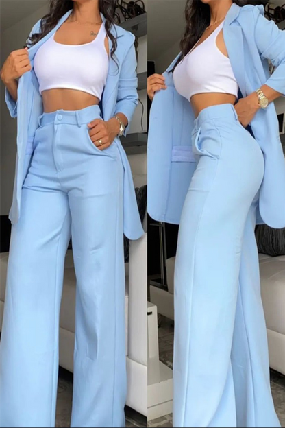 Conjunto informal de dos piezas con bolsillos, botones, cuello vuelto, manga larga (4 colores)