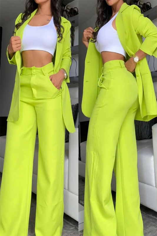 Conjunto informal de dos piezas con bolsillos, botones, cuello vuelto, manga larga (4 colores)