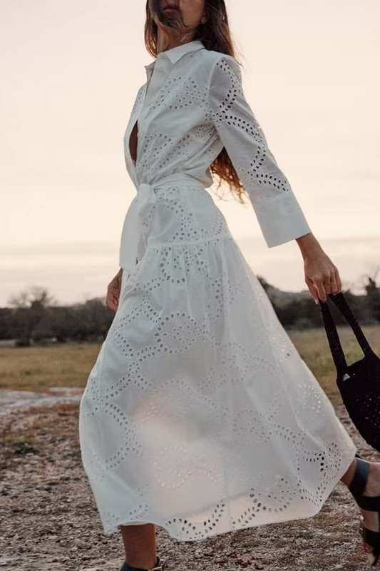 Vestido informal de corte A con cuello vuelto, bordado, calado, con cordones y colores sólidos para uso diario