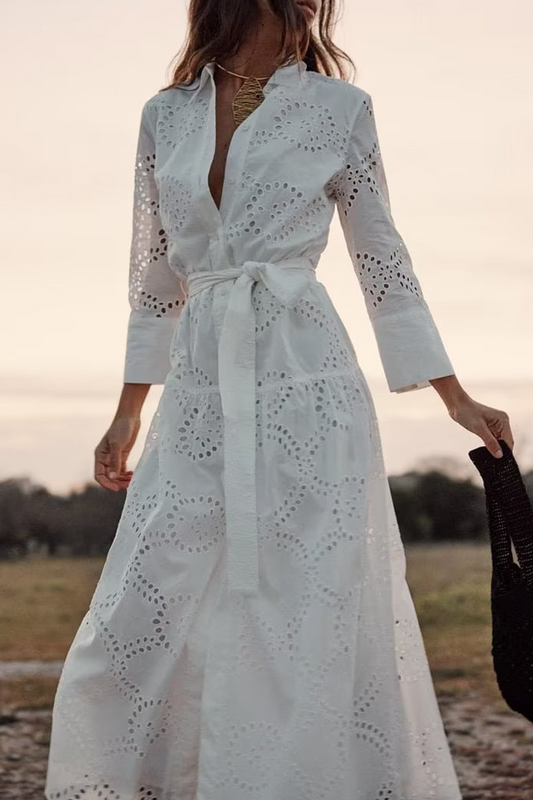 Vestido informal de corte A con cuello vuelto, bordado, calado, con cordones y colores sólidos para uso diario