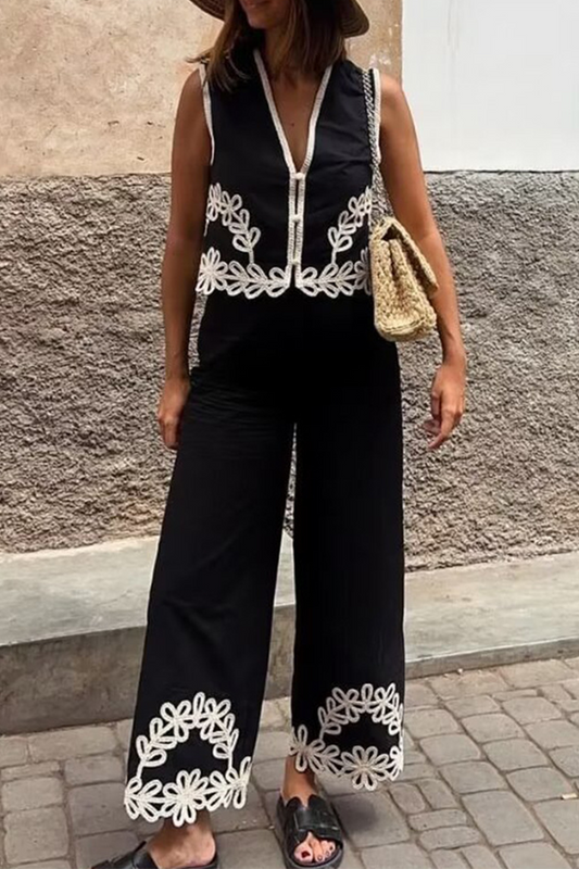 Conjunto informal de dos piezas con cuello en V, sin mangas, bordado en color liso y contraste