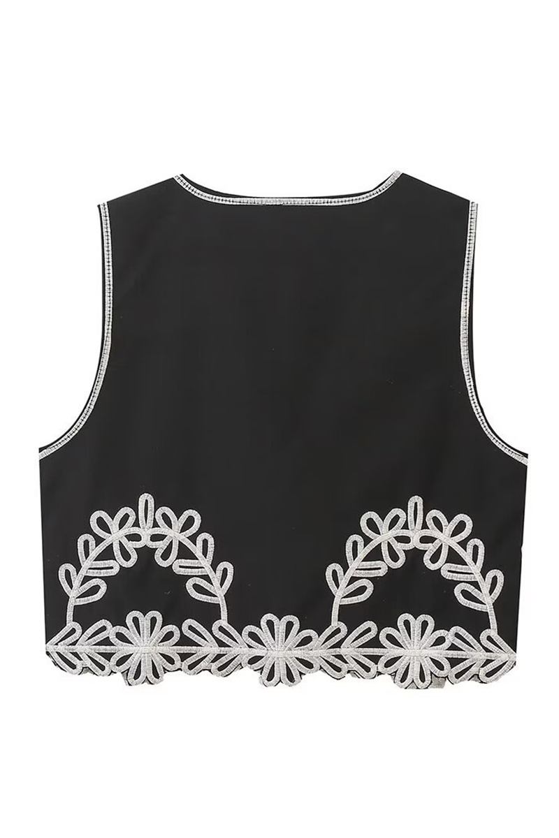 Conjunto informal de dos piezas con escote en V, sin mangas, color sólido, calado y contraste