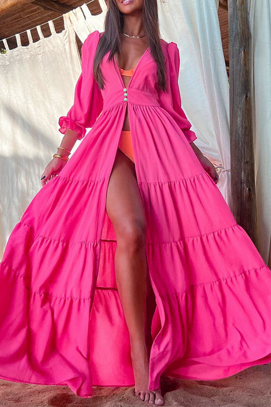 Traje de baño sexy de vacaciones con botones y volantes de color sólido