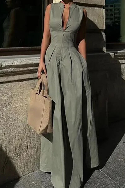 Vestidos casuales de calle, de color liso, con bolsillos, cremallera y cuello mandarín, sin mangas (3 colores)