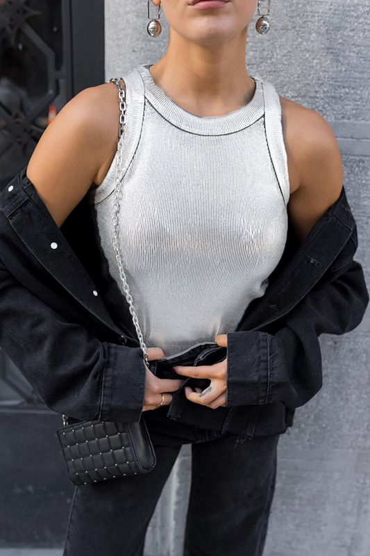 Tops casuales de cuello redondo reflectantes fruncidos con parches para uso diario