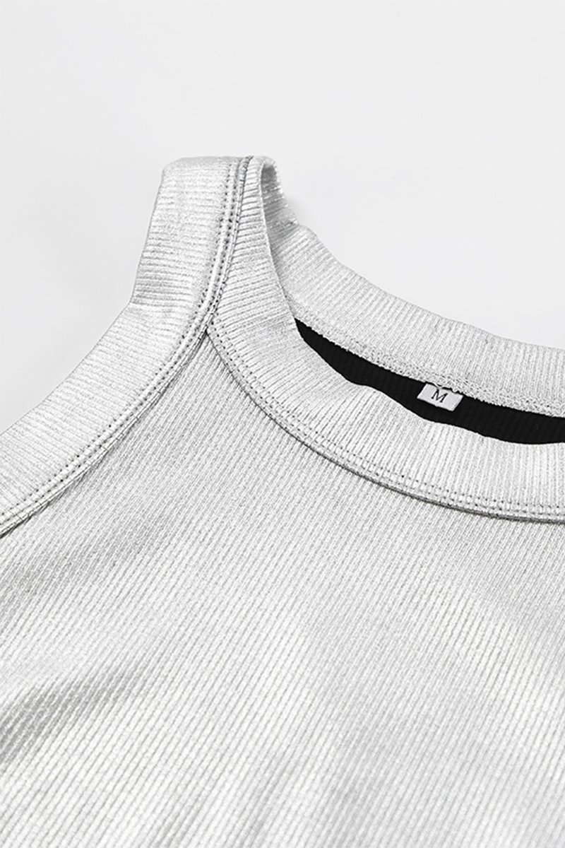 Tops casuales de cuello redondo reflectantes fruncidos con parches para uso diario