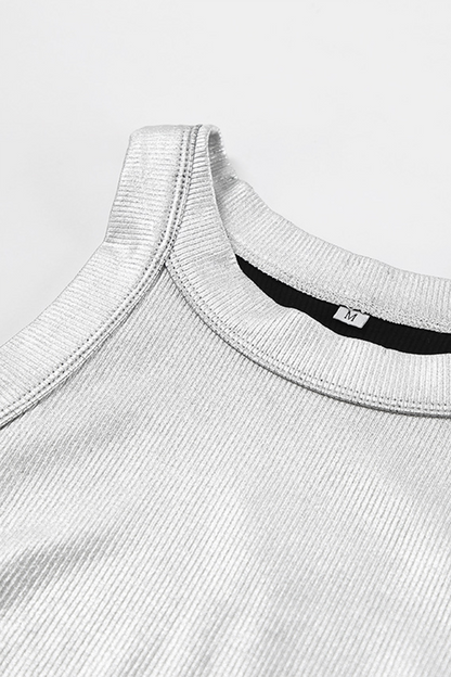 Tops casuales de cuello redondo reflectantes fruncidos con parches para uso diario