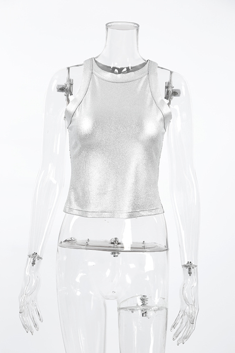 Tops casuales de cuello redondo reflectantes fruncidos con parches para uso diario
