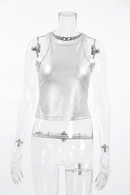 Tops casuales de cuello redondo reflectantes fruncidos con parches para uso diario
