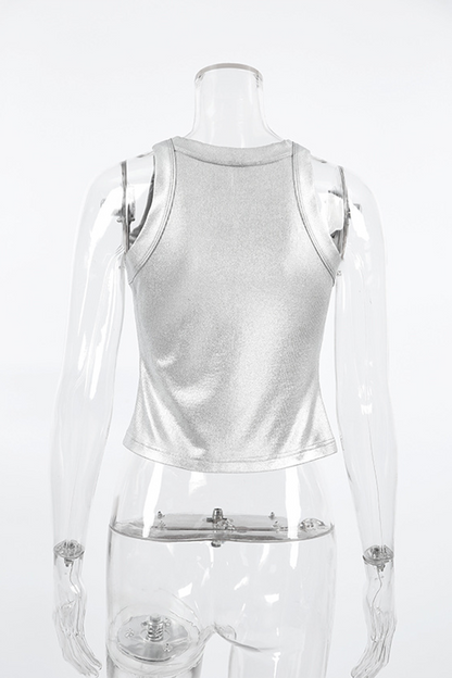 Tops casuales de cuello redondo reflectantes fruncidos con parches para uso diario