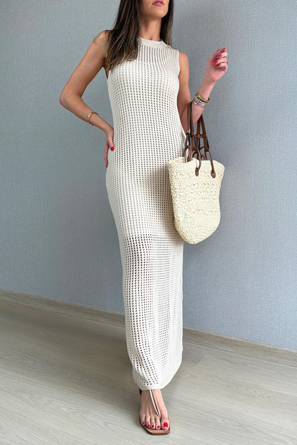 Vestidos sexis de vacaciones de color sólido con aberturas y cuello redondo sin mangas