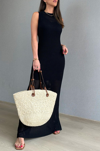 Vestidos sexis de vacaciones de color sólido con aberturas y cuello redondo sin mangas