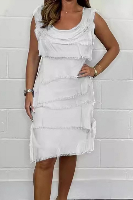 Vestidos casuales de color liso con flecos y cuello en U, sin mangas (7 colores)