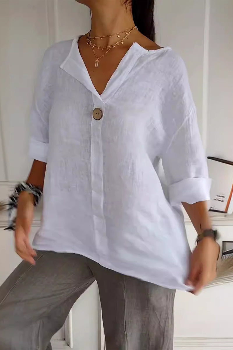 Camisetas casuales de cuello en V con botones de color liso para uso diario