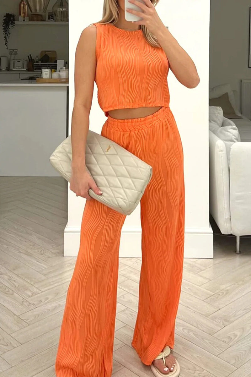 Conjunto informal de dos piezas sin mangas con cuello redondo y textura de color sólido para uso diario (6 colores)