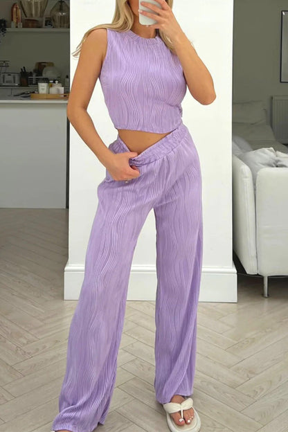 Conjunto informal de dos piezas sin mangas con cuello redondo y textura de color sólido para uso diario (6 colores)