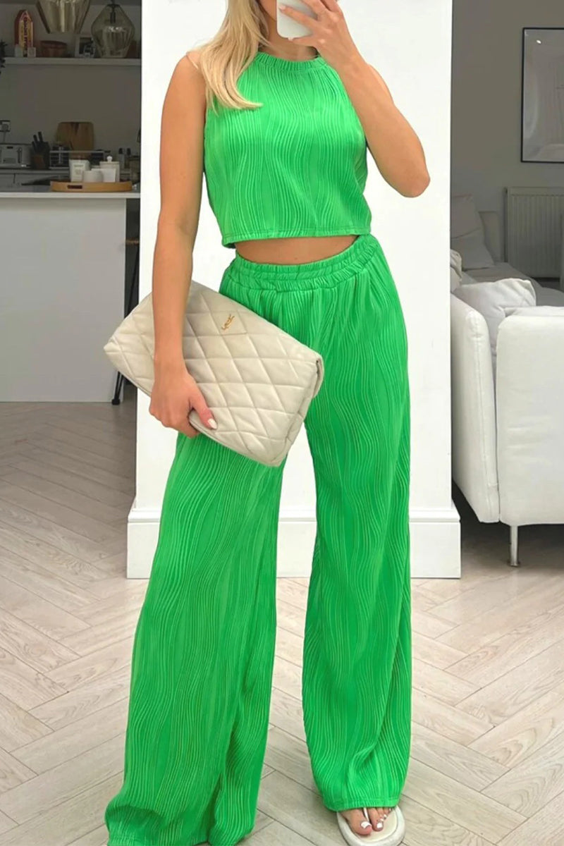 Conjunto informal de dos piezas sin mangas con cuello redondo y textura de color sólido para uso diario (6 colores)