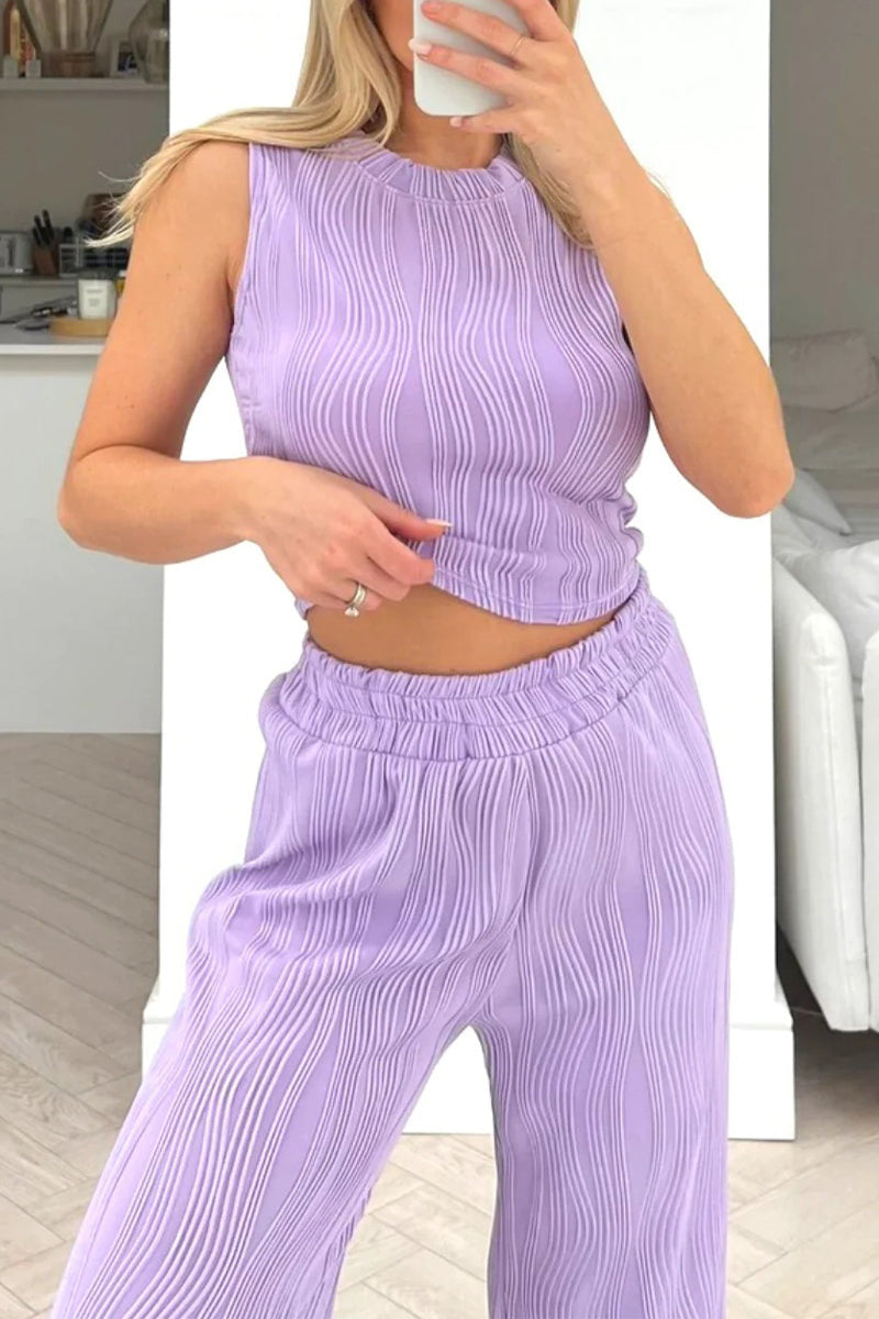 Conjunto informal de dos piezas sin mangas con cuello redondo y textura de color sólido para uso diario (6 colores)