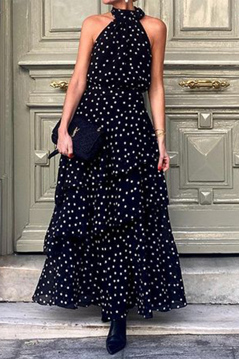 Vestidos de diario de calle con lunares, volantes, cremallera y cuello halter sin mangas
