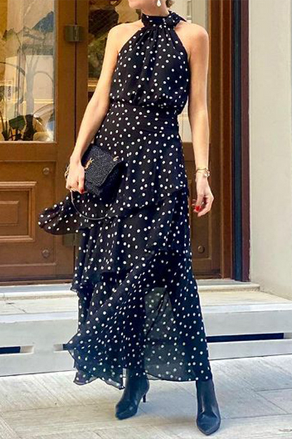 Vestidos de diario de calle con lunares, volantes, cremallera y cuello halter sin mangas
