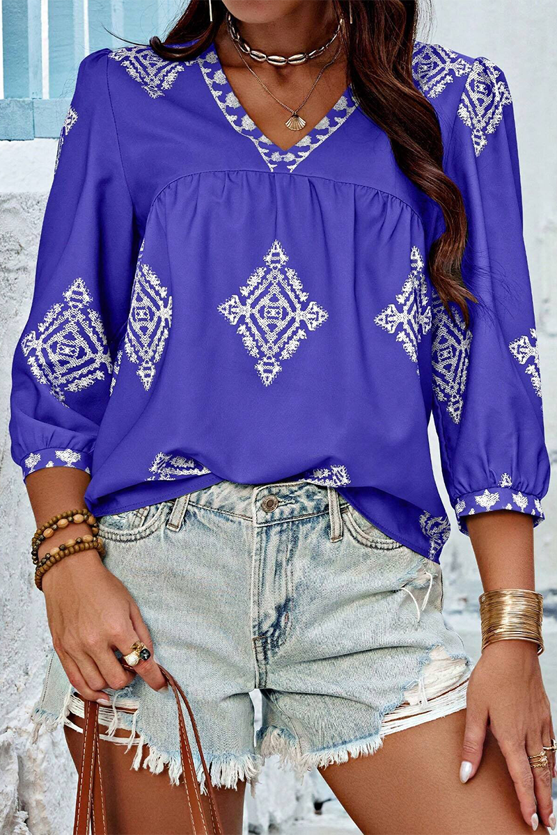 Tops casuales de cuello en V con estampado geométrico diario (6 colores)
