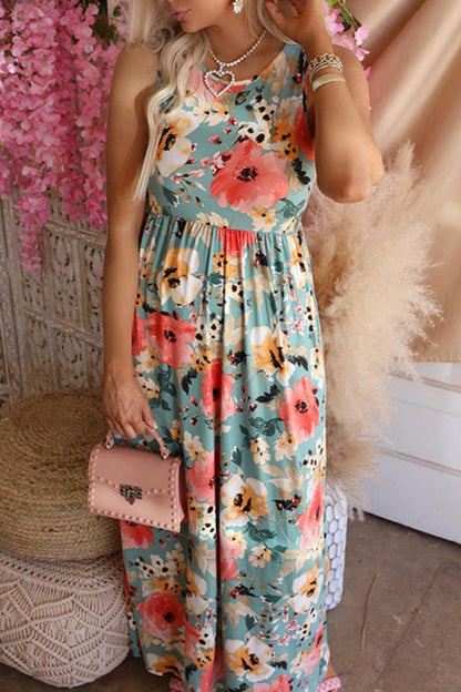 Vestidos largos básicos con cuello redondo y estampado floral informal