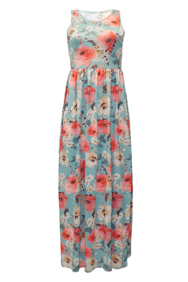 Vestidos largos básicos con cuello redondo y estampado floral informal