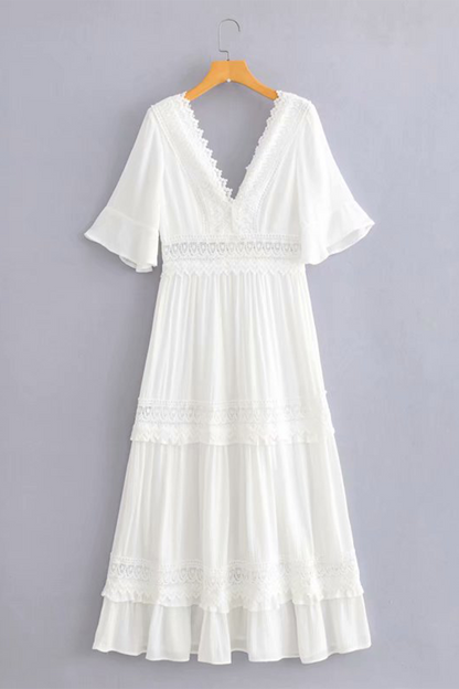 Vestidos sexis de corte A con escote en V, espalda descubierta y calados en color sólido