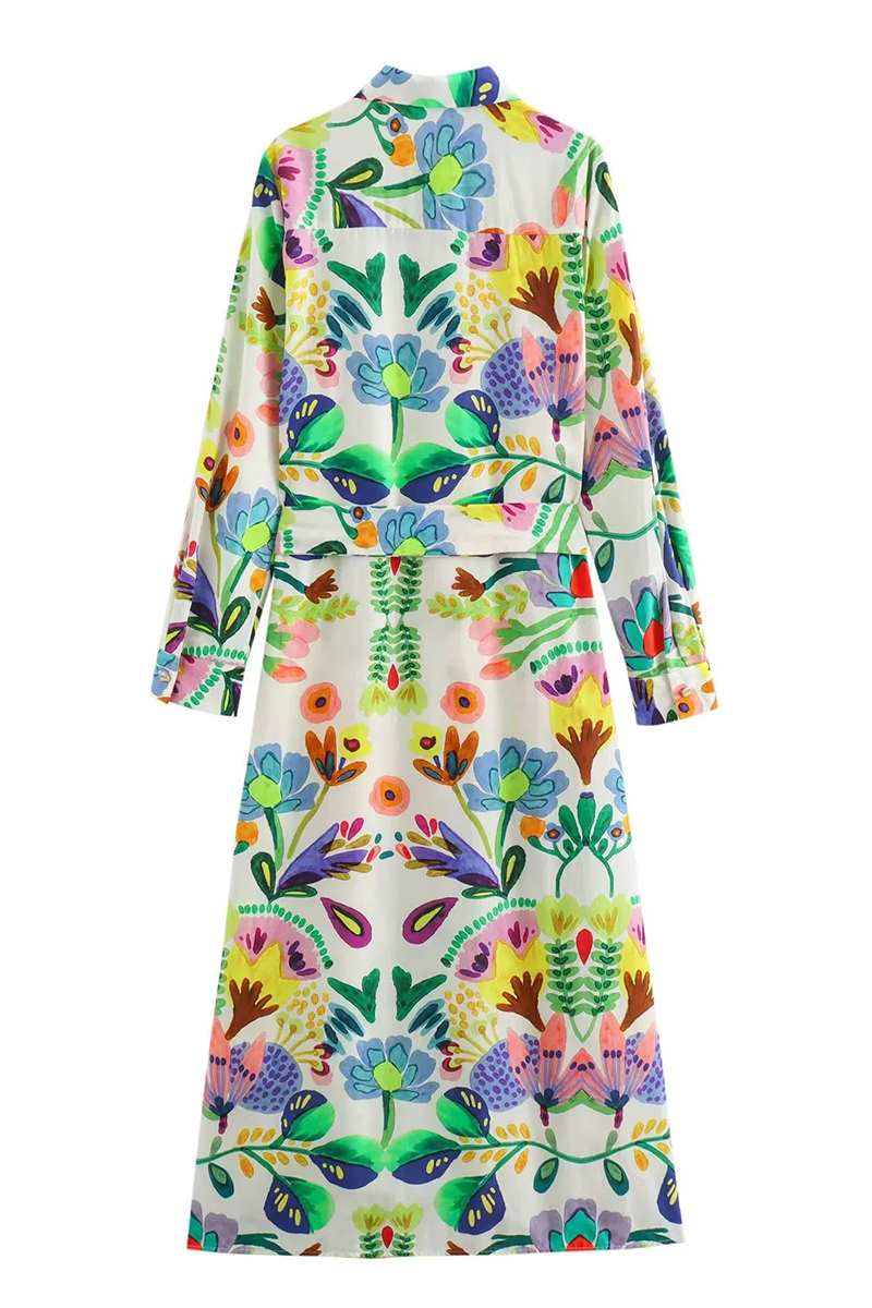 Vestidos estampados casuales de patchwork con estampado floral y cinturón con cuello vuelto