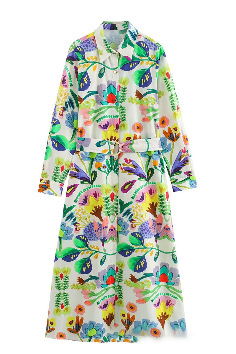 Vestidos estampados casuales de patchwork con estampado floral y cinturón con cuello vuelto